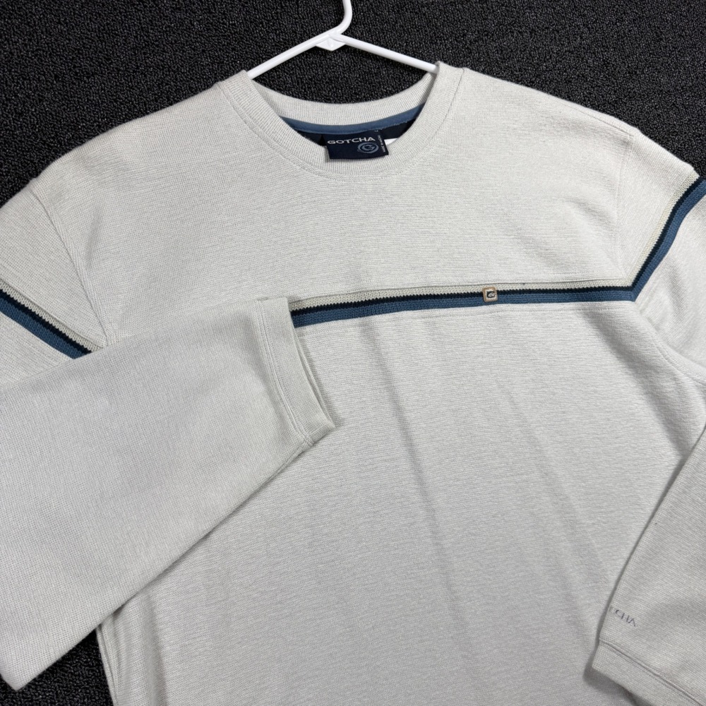 Vintage Gotcha Mens Large Long Sleeve Knit Shirt Gray Blue Stripe Surf Crew Neck